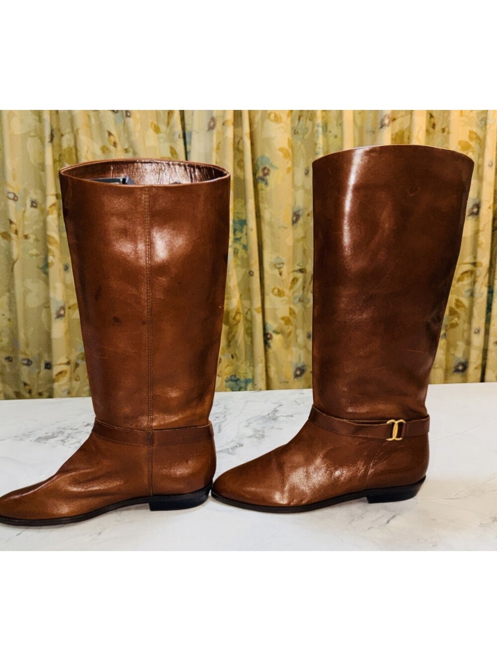 Etienne Aigner Shelby Brown Leather Riding Boots 7M Knee High Gold Buckle